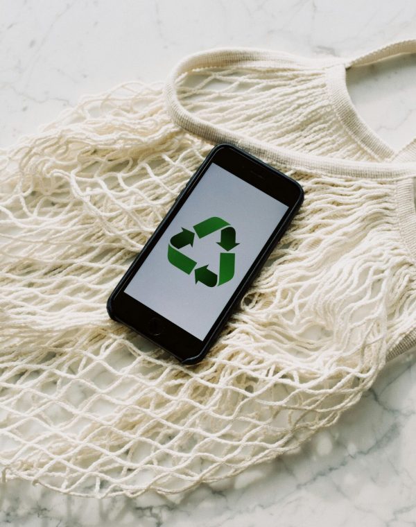 pexels-photo-3850512-3850512-2 Overhead of smartphone with simple recycling sign on screen placed on white eco friendly mesh bag on marble table in room